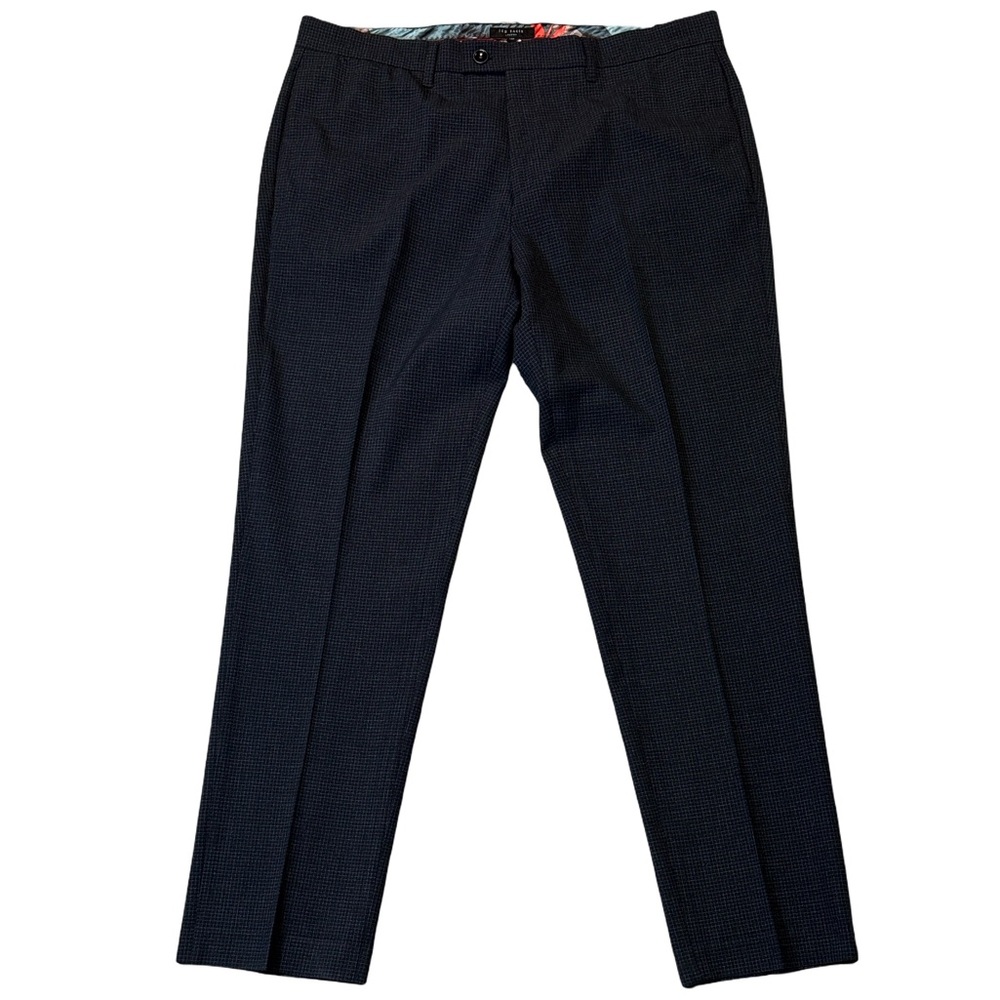 Ted Baker mens 38x32 dark blue check polyester blend flat front chino pants EUC